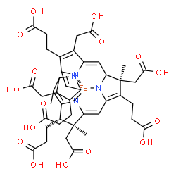 ChemSpider 2D Image | {3,3',3'',3'''-[(7S,8S,13S)-3,8,13,17-Tetrakis(carboxymethyl)-8,13-dimethyl-7,8,13,14,22,24-hexahydroporphyrin-2,7,12,18-tetrayl-kappa~4~N~21~,N~22~,N~23~,N~24~]tetrapropanoato(4-)}iron | C42H44FeN4O16