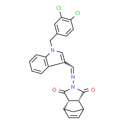 ChemSpider 2D Image | (2R,6S,7S)-4-({[1-(3,4-Dichlorobenzyl)-1H-indol-3-yl]methylene}amino)-4-azatricyclo[5.2.1.0~2,6~]dec-8-ene-3,5-dione | C25H19Cl2N3O2