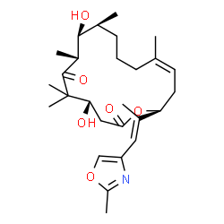 ChemSpider 2D Image | (4S,7R,8S,9S,13Z,16S)-4,8-Dihydroxy-5,5,7,9,13-pentamethyl-16-[(1E)-1-(2-methyl-1,3-oxazol-4-yl)-1-propen-2-yl]oxacyclohexadec-13-ene-2,6-dione | C27H41NO6