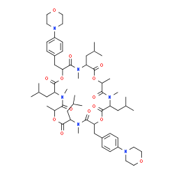 ChemSpider 2D Image | 3,9,15,21-Tetraisobutyl-4,6,10,16,18,22-hexamethyl-12,24-bis[4-(4-morpholinyl)benzyl]-1,7,13,19-tetraoxa-4,10,16,22-tetraazacyclotetracosane-2,5,8,11,14,17,20,23-octone | C60H90N6O14