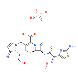 ChemSpider 2D Image | (6R,7R)-7-{[(2Z)-2-(2-Amino-1,3-thiazol-4-yl)-2-(methoxyimino)acetyl]amino}-3-{[(3E)-2-(2-hydroxyethyl)-3-imino-2,3-dihydro-1H-pyrazol-1-yl]methyl}-8-oxo-5-thia-1-azabicyclo[4.2.0]oct-2-ene-2-carboxyl
ic acid sulfate (1:1) | C19H24N8O10S3