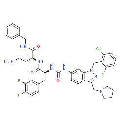 ChemSpider 2D Image | N-[(2S)-4-Amino-1-(benzylamino)-1-oxo-2-butanyl]-Nalpha-{[1-(2,6-dichlorobenzyl)-3-(1-pyrrolidinylmethyl)-1H-indazol-6-yl]carbamoyl}-3,4-difluoro-L-phenylalaninamide | C40H42Cl2F2N8O3