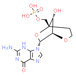 ChemSpider 2D Image | 2-Amino-9-{2,6-anhydro-5-deoxy-4-[(phosphonooxy)methyl]-alpha-L-arabino-hexofuranosyl}-3,9-dihydro-6H-purin-6-one | C12H16N5O8P