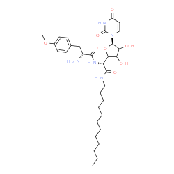 ChemSpider 2D Image | (2R)-2-Amino-N-[(1R)-1-[(5R)-5-(2,4-dioxo-3,4-dihydro-1(2H)-pyrimidinyl)-3,4-dihydroxytetrahydro-2-furanyl]-2-(dodecylamino)-2-oxoethyl]-3-(4-methoxyphenyl)propanamide | C32H49N5O8
