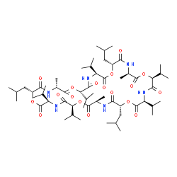 ChemSpider 2D Image | (3R,6R,9R,12S,15R,18R,21S,24S,27R,30R,33S,36S)-6,18,30-Triisobutyl-9,12,21,24,33,36-hexaisopropyl-3,15,27-trimethyl-1,7,13,19,25,31-hexaoxa-4,10,16,22,28,34-hexaazacyclohexatriacontane-2,5,8,11,14,17,
20,23,26,29,32,35-dodecone | C57H96N6O18