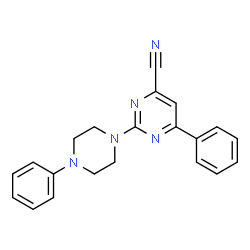 ChemSpider 2D Image | 6-Phenyl-2-(4-phenyl-1-piperazinyl)-4-pyrimidinecarbonitrile | C21H19N5