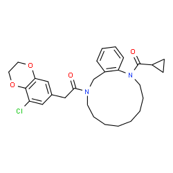 ChemSpider 2D Image | 2-(8-Chloro-2,3-dihydro-1,4-benzodioxin-6-yl)-1-[1-(cyclopropylcarbonyl)-1,2,3,4,5,6,7,8,9,11-decahydro-10H-1,10-benzodiazacyclotridecin-10-yl]ethanone | C29H35ClN2O4
