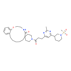 ChemSpider 2D Image | 1'-(3-{2-Methyl-6-[1-(methylsulfonyl)-3-piperidinyl]-4-pyrimidinyl}propanoyl)-3,4,8,9,10,11-hexahydro-7H-spiro[1,4-benzoxazacyclotridecine-6,4'-piperidin]-5(2H)-one | C33H47N5O5S