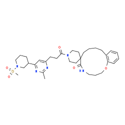 ChemSpider 2D Image | 1'-(3-{2-Methyl-6-[1-(methylsulfonyl)-3-piperidinyl]-4-pyrimidinyl}propanoyl)-2,3,4,5,8,9,10,11-octahydro-6H-spiro[1,5-benzoxazacyclotridecine-7,4'-piperidin]-6-one | C33H47N5O5S
