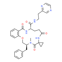 ChemSpider 2D Image | (3S,11S)-3-Benzyl-4-methyl-5,8,13-trioxo-N-[2-(2-pyrazinyl)ethyl]-2,3,4,5,8,9,10,11,12,13-decahydro-7H-spiro[1,4,7,12-benzoxatriazacyclopentadecine-6,1'-cyclopropane]-11-carboxamide | C32H36N6O5