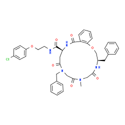 ChemSpider 2D Image | (3R,13S)-3,10-Dibenzyl-N-[2-(4-chlorophenoxy)ethyl]-7-methyl-5,8,11,15-tetraoxo-2,3,4,5,6,7,8,9,10,11,12,13,14,15-tetradecahydro-1,4,7,10,14-benzoxatetraazacycloheptadecine-13-carboxamide | C40H42ClN5O7