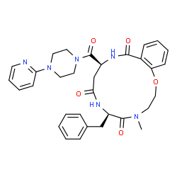 ChemSpider 2D Image | (6R,10S)-6-Benzyl-4-methyl-10-{[4-(2-pyridinyl)-1-piperazinyl]carbonyl}-3,4,6,7,10,11-hexahydro-2H-1,4,7,11-benzoxatriazacyclotetradecine-5,8,12(9H)-trione | C32H36N6O5