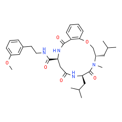 ChemSpider 2D Image | (3S,6R,10S)-3,6-Diisobutyl-N-[2-(3-methoxyphenyl)ethyl]-4-methyl-5,8,12-trioxo-3,4,5,6,7,8,9,10,11,12-decahydro-2H-1,4,7,11-benzoxatriazacyclotetradecine-10-carboxamide | C33H46N4O6