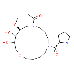 ChemSpider 2D Image | 1-{(12S,13S,14S)-13,14-Dihydroxy-12-methoxy-6-[(2S)-2-pyrrolidinylcarbonyl]-1-oxa-6,10-diazacyclopentadecan-10-yl}ethanone | C20H37N3O6