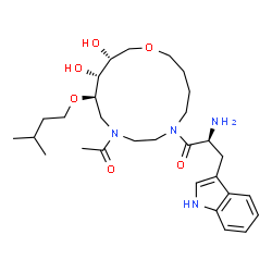 ChemSpider 2D Image | (2S)-1-[(11R,12R,13R)-9-Acetyl-12,13-dihydroxy-11-(3-methylbutoxy)-1-oxa-6,9-diazacyclotetradecan-6-yl]-2-amino-3-(1H-indol-3-yl)-1-propanone | C29H46N4O6