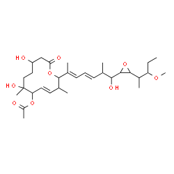 ChemSpider 2D Image | 4-{(1E,3E)-4-[(4E)-6-Acetoxy-7,10-dihydroxy-3,7-dimethyl-12-oxooxacyclododec-4-en-2-yl]-1,3-pentadien-1-yl}-1,2-anhydro-4,5-dideoxy-1-(3-methoxy-2-pentanyl)pentitol | C31H50O9
