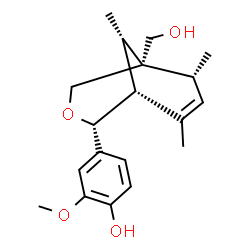 ChemSpider 2D Image | 4-[(1R,2R,5R,6R,9S)-5-(Hydroxymethyl)-6,8,9-trimethyl-3-oxabicyclo[3.3.1]non-7-en-2-yl]-2-methoxyphenol | C19H26O4