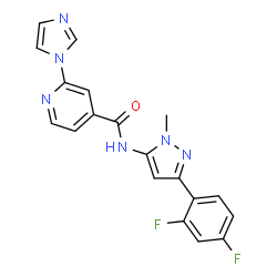 ChemSpider 2D Image | N-[3-(2,4-Difluorophenyl)-1-methyl-1H-pyrazol-5-yl]-2-(1H-imidazol-1-yl)isonicotinamide | C19H14F2N6O