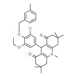ChemSpider 2D Image | 9-{3-Chloro-5-ethoxy-4-[(3-methylbenzyl)oxy]phenyl}-3,3,6,6,10-pentamethyl-3,4,6,7,9,10-hexahydro-1,8(2H,5H)-acridinedione | C34H40ClNO4
