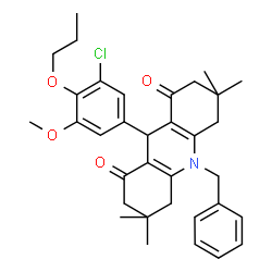 ChemSpider 2D Image | 10-Benzyl-9-(3-chloro-5-methoxy-4-propoxyphenyl)-3,3,6,6-tetramethyl-3,4,6,7,9,10-hexahydro-1,8(2H,5H)-acridinedione | C34H40ClNO4