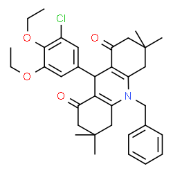 ChemSpider 2D Image | 10-Benzyl-9-(3-chloro-4,5-diethoxyphenyl)-3,3,6,6-tetramethyl-3,4,6,7,9,10-hexahydro-1,8(2H,5H)-acridinedione | C34H40ClNO4