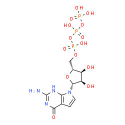 ChemSpider 2D Image | 2-Amino-7-[5-O-(hydroxy{[hydroxy(phosphonooxy)phosphoryl]oxy}phosphoryl)-beta-D-ribofuranosyl]-1,7-dihydro-4H-pyrrolo[2,3-d]pyrimidin-4-one | C11H17N4O14P3