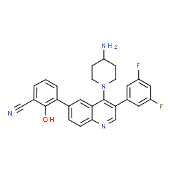 ChemSpider 2D Image | 3-[4-(4-Amino-1-piperidinyl)-3-(3,5-difluorophenyl)-6-quinolinyl]-2-hydroxybenzonitrile | C27H22F2N4O