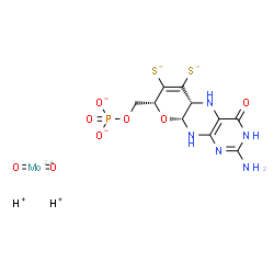 ChemSpider 2D Image | Dioxomolybdenum(2+) hydrogen [(5aR,8R,9aR)-2-amino-4-oxo-6,7-disulfido-3,5,5a,8,9a,10-hexahydro-4H-pyrano[3,2-g]pteridin-8-yl]methyl phosphate (1:2:1) | C10H12MoN5O8PS2