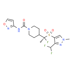 ChemSpider 2D Image | 4-[(1R)-1-[3-(difluoromethyl)-1-methylpyrazol-4-ylsulfonyl]-1-fluoroethyl]-N-(1,2-oxazol-3-yl)piperidine-1-carboxamide | C16H20F3N5O4S