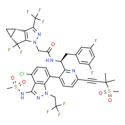 ChemSpider 2D Image | N-[(1S)-1-(3-{4-Chloro-3-[(methylsulfonyl)amino]-1-(2,2,2-trifluoroethyl)-1H-indazol-7-yl}-6-[3-methyl-3-(methylsulfonyl)-1-butyn-1-yl]-2-pyridinyl)-2-(3,5-difluorophenyl)ethyl]-2-[(3bS,4aR)-5,5-diflu oro-3-(trifluoromethyl)-3b,4,4a,5-tetrahydro-1H-cyclopropa[3,4]cyclopenta[1,2-c]pyrazol-1-yl]acetamide | C39H32ClF10N7O5S2
