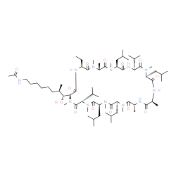 ChemSpider 2D Image | N-{(7R,8R)-8-[(2S,5S,8R,11S,14S,17S,20S,23R,26S,29S,32S)-5-Ethyl-11,17,26,29-tetraisobutyl-14,32-diisopropyl-1,7,8,10,16,20,23,25,28,31-decamethyl-3,6,9,12,15,18,21,24,27,30,33-undecaoxo-1,4,7,10,13,1
6,19,22,25,28,31-undecaazacyclotritriacontan-2-yl]-8-hydroxy-7-methyloctyl}acetamide | C67H122N12O13