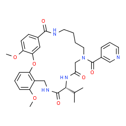 ChemSpider 2D Image | (12R)-12-Isopropyl-7,26-dimethoxy-16-(3-pyridinylcarbonyl)-2-oxa-10,13,16,21-tetraazatricyclo[21.3.1.0~3,8~]heptacosa-1(27),3,5,7,23,25-hexaene-11,14,22-trione | C33H39N5O7