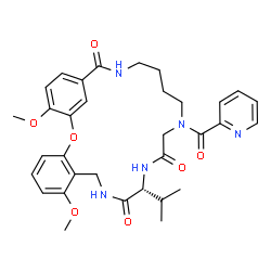ChemSpider 2D Image | (12R)-12-Isopropyl-7,26-dimethoxy-16-(2-pyridinylcarbonyl)-2-oxa-10,13,16,21-tetraazatricyclo[21.3.1.0~3,8~]heptacosa-1(27),3,5,7,23,25-hexaene-11,14,22-trione | C33H39N5O7