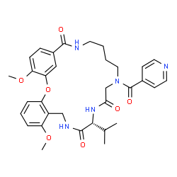 ChemSpider 2D Image | (12R)-16-Isonicotinoyl-12-isopropyl-7,26-dimethoxy-2-oxa-10,13,16,21-tetraazatricyclo[21.3.1.0~3,8~]heptacosa-1(27),3,5,7,23,25-hexaene-11,14,22-trione | C33H39N5O7