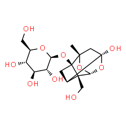 ChemSpider 2D Image | (1R,2S,3R,5R,6R,8S)-6-Hydroxy-2-(hydroxymethyl)-8-methyl-9,10-dioxatetracyclo[4.3.1.0~2,5~.0~3,8~]dec-3-yl beta-D-glucopyranoside | C16H24O10