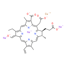 ChemSpider 2D Image | Copper(2+) sodium (2S,3S,13E)-3-(2-carboxylatoethyl)-5-(carboxylatomethyl)-12-ethyl-2,8,18-trimethyl-13-(oxidomethylene)-17-vinyl-3,13-dihydro-2H-porphin-22-ide-7-carboxylate (1:3:1) | C34H29CuN4Na3O7
