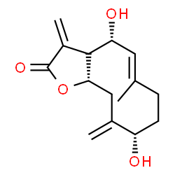 ChemSpider 2D Image | (4R,5E,9S,11aS)-4,9-Dihydroxy-6-methyl-3,10-bis(methylene)-3a,4,7,8,9,10,11,11a-octahydrocyclodeca[b]furan-2(3H)-one | C15H20O4
