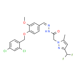 ChemSpider 2D Image | N'-[(Z)-{4-[(2,4-Dichlorobenzyl)oxy]-3-methoxyphenyl}methylene]-2-[3-(difluoromethyl)-5-methyl-1H-pyrazol-1-yl]acetohydrazide | C22H20Cl2F2N4O3
