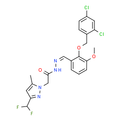 ChemSpider 2D Image | N'-[(Z)-{2-[(2,4-Dichlorobenzyl)oxy]-3-methoxyphenyl}methylene]-2-[3-(difluoromethyl)-5-methyl-1H-pyrazol-1-yl]acetohydrazide | C22H20Cl2F2N4O3