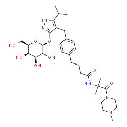 ChemSpider 2D Image | 4-(4-{[3-(beta-D-Galactopyranosyloxy)-5-isopropyl-1H-pyrazol-4-yl]methyl}phenyl)-N-[2-methyl-1-(4-methyl-1-piperazinyl)-1-oxo-2-propanyl]butanamide | C32H49N5O8