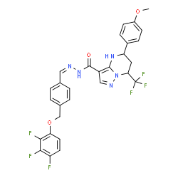 ChemSpider 2D Image | 5-(4-Methoxyphenyl)-7-(trifluoromethyl)-N'-[(Z)-{4-[(2,3,4-trifluorophenoxy)methyl]phenyl}methylene]-4,5,6,7-tetrahydropyrazolo[1,5-a]pyrimidine-3-carbohydrazide | C29H23F6N5O3