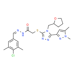 ChemSpider 2D Image | N'-[(Z)-(4-Chloro-3,5-dimethylphenyl)methylene]-2-{[5-(1,5-dimethyl-1H-pyrazol-3-yl)-4-(tetrahydro-2-furanylmethyl)-4H-1,2,4-triazol-3-yl]sulfanyl}acetohydrazide | C23H28ClN7O2S