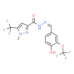 ChemSpider 2D Image | N'-{(Z)-[4-Hydroxy-3-(trifluoromethoxy)phenyl]methylene}-1-methyl-5-(trifluoromethyl)-1H-pyrazole-3-carbohydrazide | C14H10F6N4O3