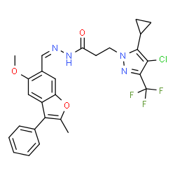 ChemSpider 2D Image | 3-[4-Chloro-5-cyclopropyl-3-(trifluoromethyl)-1H-pyrazol-1-yl]-N'-[(Z)-(5-methoxy-2-methyl-3-phenyl-1-benzofuran-6-yl)methylene]propanehydrazide | C27H24ClF3N4O3