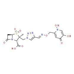 ChemSpider 2D Image | (2S,3S,5R)-3-({4-[(E)-{[(1,5-Dihydroxy-4-oxo-1,4-dihydro-2-pyridinyl)methoxy]imino}methyl]-1H-1,2,3-triazol-1-yl}methyl)-3-methyl-7-oxo-4-thia-1-azabicyclo[3.2.0]heptane-2-carboxylic acid 4,4-dioxide | C17H18N6O9S