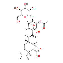 ChemSpider 2D Image | (1R,5S,6R,7R,10R,11R,14S,20R,21R)-20-Acetoxy-21-(beta-D-glucopyranosyloxy)-18-hydroxy-5,7,10,15-tetramethyl-7-[(2R)-3-methyl-2-butanyl]-17-oxapentacyclo[13.3.3.0~1,14~.0~2,11~.0~5,10~]henicos-2-ene-6-
carboxylic acid | C38H60O12