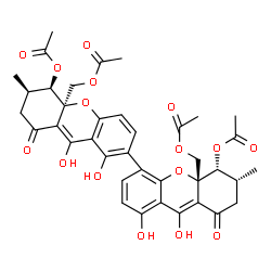 ChemSpider 2D Image | (5R,5'R,6R,6'R,10aR,10a'R)-10a,10a'-Bis(acetoxymethyl)-1,1',9,9'-tetrahydroxy-6,6'-dimethyl-8,8'-dioxo-5,5',7,7',8,8',10a,10a'-octahydro-6H,6'H-2,4'-bixanthene-5,5'-diyl diacetate | C38H38O16