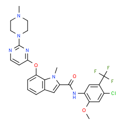 ChemSpider 2D Image | N-[4-Chloro-2-methoxy-5-(trifluoromethyl)phenyl]-1-methyl-7-{[2-(4-methyl-1-piperazinyl)-4-pyrimidinyl]oxy}-1H-indole-2-carboxamide | C27H26ClF3N6O3