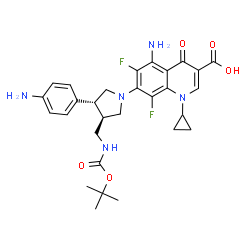ChemSpider 2D Image | 5-Amino-7-{(3R,4R)-3-(4-aminophenyl)-4-[({[(2-methyl-2-propanyl)oxy]carbonyl}amino)methyl]-1-pyrrolidinyl}-1-cyclopropyl-6,8-difluoro-4-oxo-1,4-dihydro-3-quinolinecarboxylic acid | C29H33F2N5O5