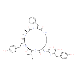 ChemSpider 2D Image | N-({(3S,6S,9R,12S,15S)-3-Benzyl-12-[(2S)-2-butanyl]-9-[2-(4-hydroxyphenyl)ethyl]-6,7-dimethyl-2,5,8,11,14-pentaoxo-1,4,7,10,13-pentaazacyclononadecan-15-yl}carbamoyl)-L-tyrosine | C45H59N7O10